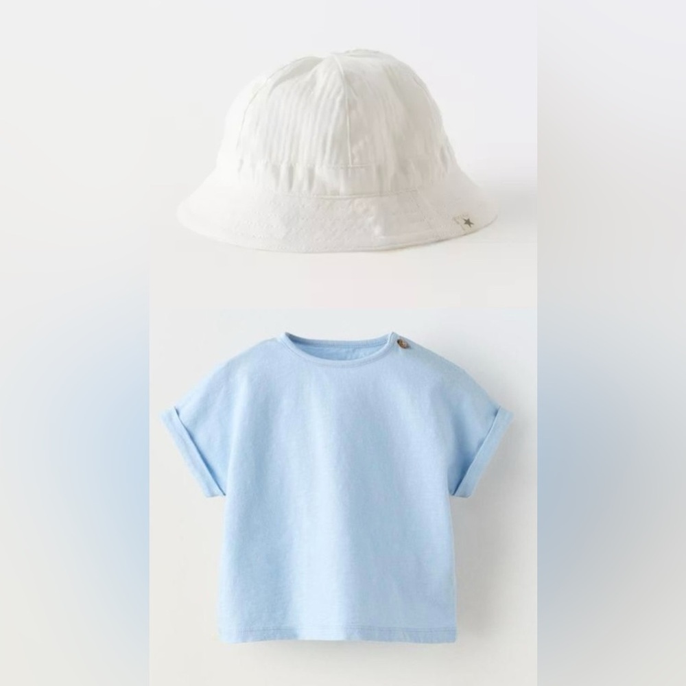 NWOT Zara Light Blue Button Tank Top and Star Label Hat Set